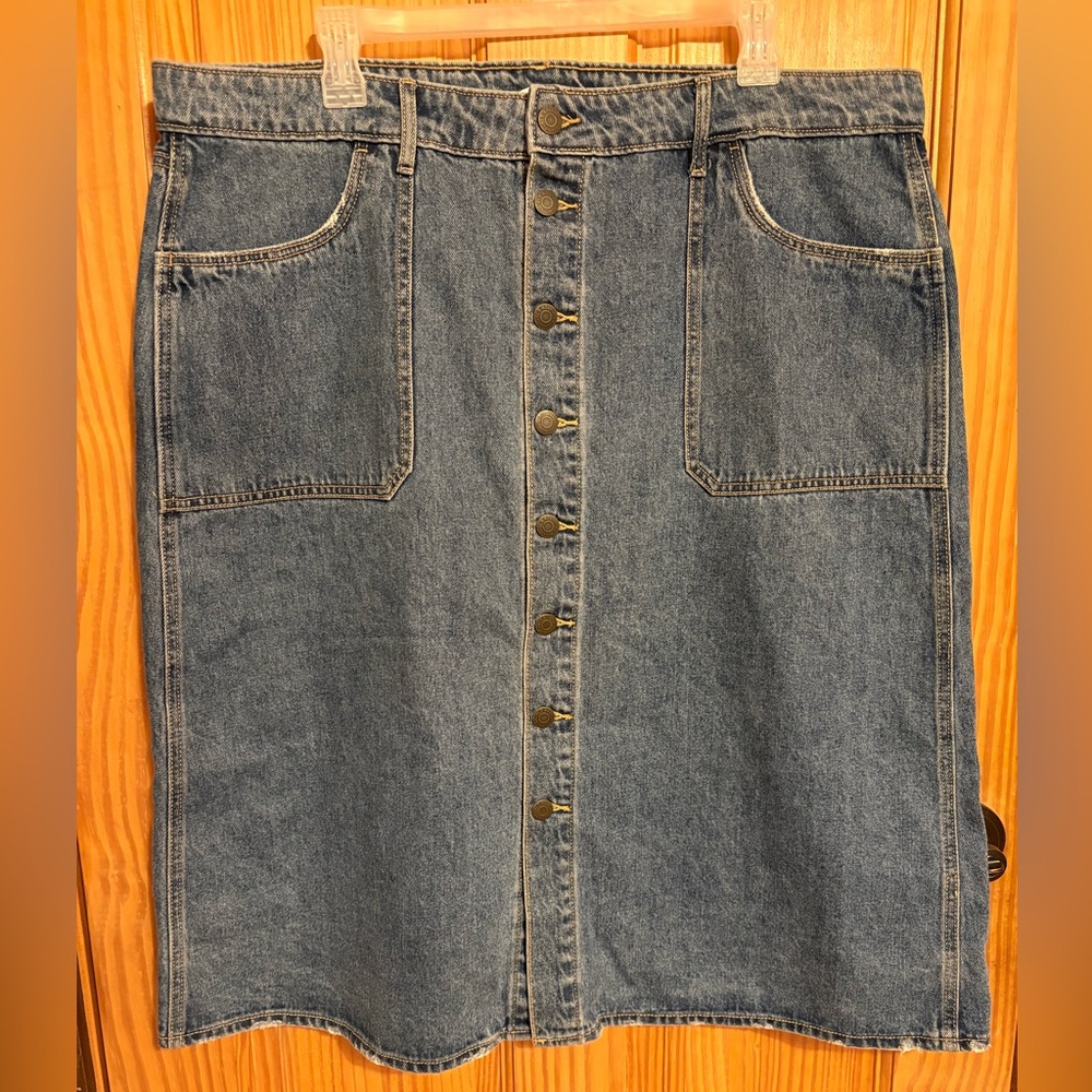 Old Navy 18 Blue High Waisted Button Front A Line Midi Denim Jean Skirt